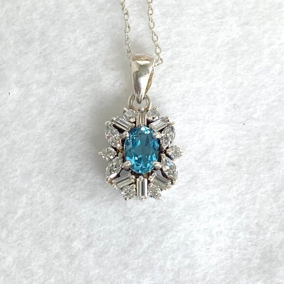 Sterling Silver 925 Blue Topaz CZ Halo Pendant Necklace 18" Cable Chain - Picture 5 of 16